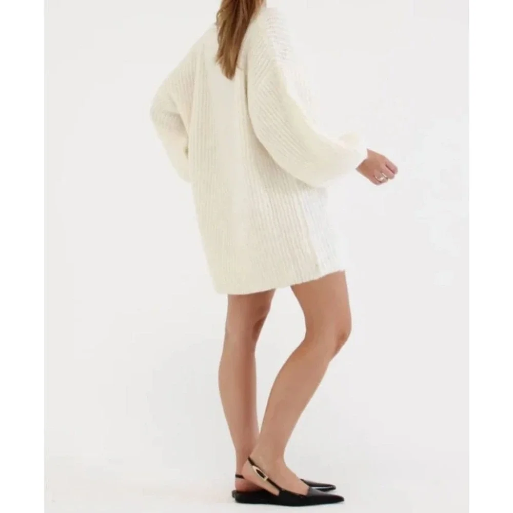 Rumored Revolve Oversized Knit L Sweater Dress Cream Balloon Sleeve Cozy - Picture 7 of 8